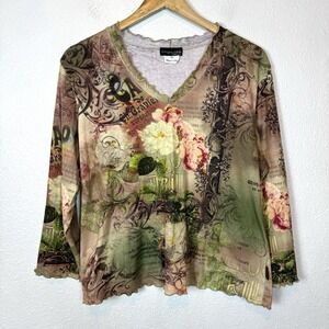 Y2K Impulse California Top Women's XL Green Pink Floral AOP Lettuce Hem Romantic